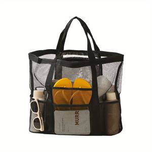 TEMU 9포켓 화장품 보관이 가능한 대형 싱글 숄더 메쉬 샤워 체육 수영 가방, 그리드 비치 핸드백, 넷 비치 토트 오거나이저, 대용량 휴대용 멀티포켓 비치 백 - 여름 여행 필수품, 해변 휴가, 학교 용품, 개학 준비