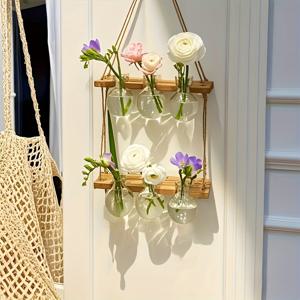 TEMU 1개, 벽걸이 식물 번식 6구 화분 2단 나무 선반 식물 테라리움 키트, 가정 사무실 정원 장식 화분, 실내 식물 벽 화분, 여성용 원예 선물