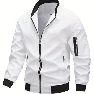 TEMU 남성용 야구 재킷 - 흰색 바탕에 검은색 포인트, 지퍼형 앞면 클로저, 구조화된 논스트레치 원단, 폴리에스터 안감 - 데일리 및 포멀 행사용 캐주얼 아우터 - 봄/가을 전환 코트, 봄 가을 의류, 세련된 디자인, 튼튼한 구조, 기능성 포켓, 어반 스타일