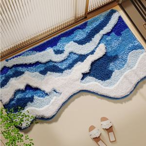 TEMU 1pc 바다 물결 플로킹 욕실 러그, 미끄럼 방지 니트 직물 욕실 매트, 800gsm 두꺼운 흡수성 폴리에스테르 PVC 블렌드, 기계 세척 가능, 튼튼한 엣지 잠금, 부드럽고 편안한 오블로 방식 발 패드
