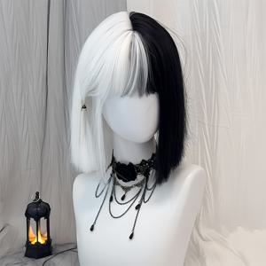 TEMU 블랙 & 화이트 그라데이션 플랫 뱅 숏 헤어 원사이즈 풀헤드 가발 - 파티 & 이벤트용 편안한 착용감