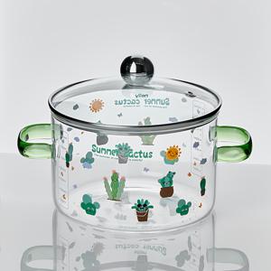 TEMU 내구성 있는 고급 보로실리케이트 유리 요리 냄비, 투명한 녹색 손잡이 - 내열성 및 세척 용이, 우유, 국수, 수프에 적합 | 여름 선인장 디자인 | 가정 및 레스토랑 사용에 완벽 | 훌륭한 선물 아이디어