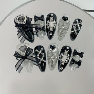 TEMU 핸드메이드 Y2K 스위트 & 쿨 아몬드 프레스온 네일, 글리터 리본, 하트, 십자가 & 라인스톤 - 중간 길이, 블랙 & 클리어 디자인, 트렌디한 매니큐어, 네일 아트 용품|네일|네일아트|네일재료