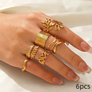 TEMU 5개 세트와 6개 세트의 골든 스테인리스 스틸 하트, 별, 달 조절 가능한 여성용 반지, 메탈 힙합 스타일 반지, 완벽한 선물 액세서리. Kpop 스타일 주얼리