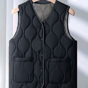 TEMU 여성 조끼, 여성 패션 블랙 & 화이트, 더블 포켓 탑, 따뜻한 아우터웨어|민소매