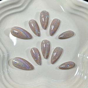 TEMU 10개입 핸드메이드 연근색 반짝이는 무지개빛 캣아이 폴리쉬 심플 엘레강스 스타일 인조네일|네일팁