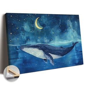 TEMU 초대형 캔버스 벽 예술 - 달 아래 고래 수채화 그림, 포장된 캔버스로 액자, 걸기 준비 완료, 거실, 침실, 주방 또는 사무실 장식에 완벽, 고래 장식, 2D 평면
