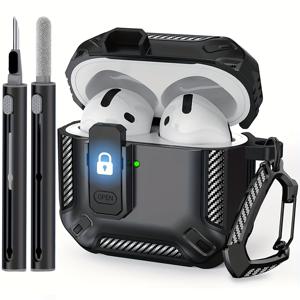 TEMU Airpods Pro 3세대/2세대/4세대/3세대용 잠금 장치가 있는 보호 케이스 - 충격 방지 하드 쉘, Airpods Pro/2/1 호환, 내구성 및 충격 방지, 무선 및 유선 충전 모두 지원, 클리닝 키트 포함