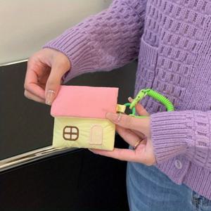 TEMU 귀여운 집 모양 키체인 파우치 - 로프 클로저가 있는 미니 폴리에스터 보관 가방, 여성용 패스텔 컬러 컴팩트 펀칭 펜던트, 이어폰, 동전 및 열쇠 정리용, 스타일리시한 지갑 참 액세서리, 장난기 넘치는 디자인 | 내구성 있는 잠금장치