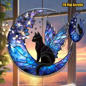 TEMU 2D 플랫 - 2D 평면, 1개, 달 위의 갤럭시 고양이 아크릴 선 캐쳐 행잉 장식 (8인치 X 8인치), 선 캐쳐를 위한 최고의 선물, 화환 간판, 창문 장식, 문 벽 장식, 생일, 은퇴 선물