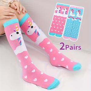 TEMU 귀여운 유니콘 니하이 삭스 여아용 한 쌍, 사계절 내내 부드럽고 편안함, 캐주얼 데일리룩에 완벽