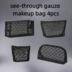 TEMU 투명 하트 디자인의 4개 블랙 메쉬 메이크업 백 - 통기성 나일론 여행용 화장품 정리함, 여성용 귀여운 스타일 휴대용 세면도구 파우치, 손세탁 가능, 멋진 지퍼 클로저, 내구성 있는 지퍼 오거나이저