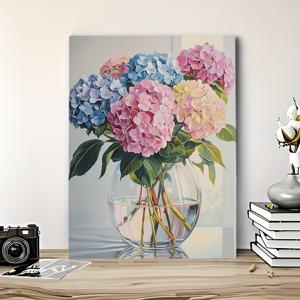 TEMU 1pc 우아한 수국 캔버스 벽 예술, 나무 프레임 - 11.8x15.7 인치 유리 그릇에 수국 꽃 프린트, 거실 및 침실 장식에 완벽, 그녀/그에게 이상적인 축제 선물, 수국 꽃 벽 장식