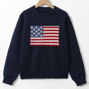 TEMU 8~12세 여아용 미국 국기 디자인 라운드넥 긴팔 풀오버, 가을 겨울철에 적합한 캐주얼웨어. 기계/손세탁 가능, 편안한 소재로 제작된 사랑스러운 패션 이벤트 & 명절선물로도 완벽! 클래식한 's 착용감과 학교복으로 활용하기 좋은 룩