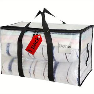 TEMU 1팩 강력한 손잡이 & 지퍼가 있는 초대형 이동용 가방 - 옷을 위한 접이식 공간 절약 보관 가방, 집, 사무실, 여행용 내구성 플라스틱 정리함 - 화이트, 튼튼한 구조, 홈 오거나이저