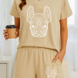 TEMU 2pcs 여성 여름 의상 - 캐주얼 V-넥 반팔 티셔츠 & 반바지 세트, 귀여운 개 프린트, 폴리에스터 스판덱스 블렌드, 블랙, 아몬드, 핑크, 캐주얼 의상 | 재미있는 프린트 상의 | 신축성