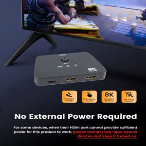 TEMU 8K60Hz HDTV 스위치 4K 120Hz 8K HDTV 2.1 분배기 2입력 1출력 알루미늄 합금 양방향 스위처 울트라 HD 지원 PS5 시리즈 X 호환 (블랙)