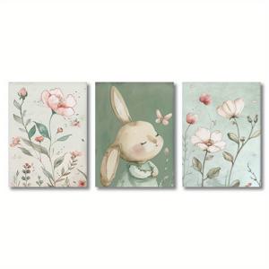 TEMU 3개 파스텔 핑크 & 민트 그린 토끼 & 플로럴 캔버스 벽걸이 액자 세트 - 프레임리스 토끼 & 나비 포스터, 부드러운 파스텔 색상, 방 꾸미기에 완벽, 걸기 쉬움, 침실, 거실, 귀여운 토끼 & 플로럴 디자인, 아기방