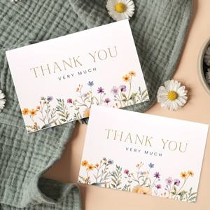 TEMU 결혼식용 감사 카드 50개입 벌크팩, 꽃무늬 수채화 빈 메모지, 내부 및 외부 양면 비우기 가능한 맞춤형 제작용 - 우아한 웨딩 답례품, 하객 감사 카드, 감사의 메모