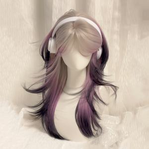 TEMU 26인치 여성용 가발, 블랙 & 퍼플 , 중간 파트 & 보브 컷, 미국 스타일 롱 헤어, 데일리 코스프레 & 파티에 완벽, 12개월에 적합한 풀 헤드 가발