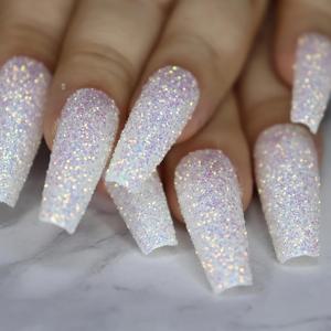TEMU 프레스 온 네일 롱 코프인 네일 블링 글리터 글루 온 네일 화이트 아크릴 네일 인조 네일 스파클링 시퀀스 스틱 온 네일