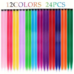 TEMU 24개입 클립인 헤어 익스텐션 세트, 55.88cm 혼합 컬러 직모 합성 섬유 여성용, 고온 내성 파티 & 코스프레 패션 헤어피스