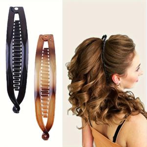 TEMU 2025 신상 레트로 바나나 클립 2개 세트, 두꺼운 및 얇은 머리용 볼륨 클립 & 스타일링 액세서리 - 블랙 & 앰버, 모든 헤어 타입에 적합, 데일리 메이크업 소품