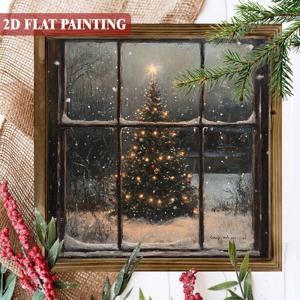 TEMU 2D 평면, 1개 루틱 크리스마스 트리 외부 창문 장면 - 8x8인치 프레임 목재 벽화, 눈이 내리는 겨울 낭만과 따뜻한 조명 트리, 집, 주방, 침실, 또는 카페 장식에 완벽, 이상적인 휴일 선물, 크리스마스 장식, 크리스마스에 가장 적합