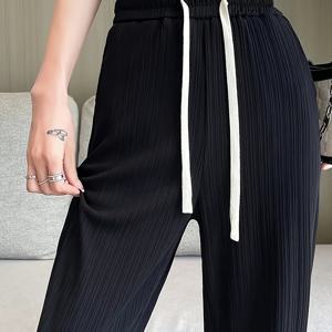 TEMU 1개 여름용 가벼운 아이스 슬리키 섬유 원단 하이웨이스트 와이드 레그 팬츠 - 통기성 루즈핏 드로우스트링 허리, 솔리드 블랙 캐주얼 우아한 바지 여성 & 남성용 아웃도어