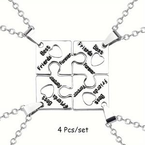 TEMU 4개 퍼즐 참 목걸이 세트, 우정 유지 문자 펜던트 목걸이, 빈 사각 펜던트 체인 칼라, 여성용 주얼리 선물, 개봉 시