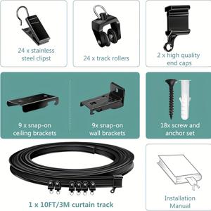 TEMU 화이트/블랙의 허리케인 등급의 유연한 커튼 트랙, 돔/베이 윈도우에 적합한 무지 핏, 길이 2/3/4/5/6M (6.6/9.8/13.12/16.4/20 Ft)로 제공, 내한성 엔지니어링 플라스틱 재질