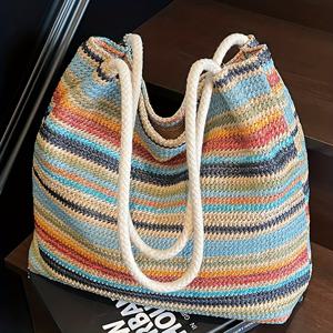 TEMU 새로운 여성용 컬러풀 패턴 직조 숄더백, 대용량 멀티컴파트먼트 컬러블록 디자인 다용도 토트백, 여름 휴가 비치백 여행 백팩, 클래식 스퀘어백 스타일, 쇼핑과 외출에 완벽한 넉넉한 숄더 핸드백, 업무, 쇼핑, 식사를 위한 다기능 캐리올, 가족과 친구를 위한 이상적인 선물