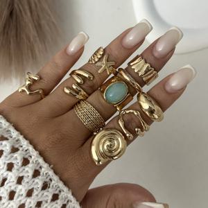 TEMU 10pcs 골든 링 세트, 블루 레진 보석, 조절 가능한 코흘리기 여성용 링, 일상 사용을 위한 다재다능한 선물