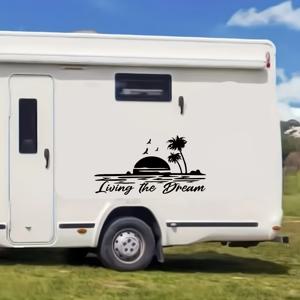 TEMU 꿈을 이루며, 석양과 나무들, 희망 속 여행, 캠핑, RV, 캠핑 밴, 사이드 후드 자동차 데칼 비닐 스티커