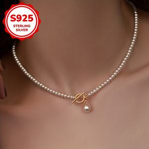 TEMU 여성용 925 실버 우아한 빈티지 모조 진주 OT 클라스프 칼라본 목걸이 - 저자극성, 일상 착용 및 파티 & 휴가에 완벽|은목걸이