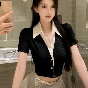 TEMU 여성 솔리드 컬러 패치워크 하트 모양 버튼 반팔 캐주얼 투인원 셔츠