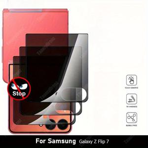 TEMU 삼성 갤럭시 Z 플립 7용 프라이버시 강화유리 스크린 보호필름 3개 세트, Z 플립 5/6/플립 7 호환 - 안티스파이 백커버 + 카메라 렌즈 보호, 먼지 방지, 초부드러운 터치감 & 지문 방지 코팅, 무흔적 청소, 기포 없는 설치, 정전기 접착 기술