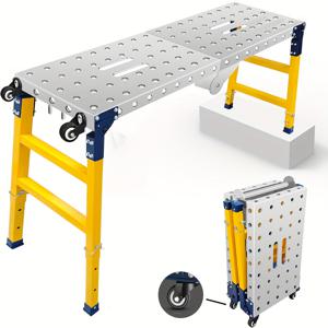TEMU 휴대용 접이식 강철 작업대, 휠 장착, 내구성 강화 아연 도금 슬롯형 테이블탑 비계, 1100 lbs/500kg 하중 용량, 높이 조절 가능, 쉬운 이동성, 다양한 작업 및 건설 환경에 적합