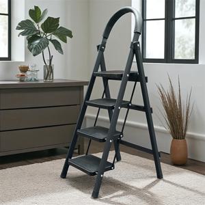 TEMU 럭셔리 4단 접이식 사다리 | 넓은 발판 + 미끄럼방지 패드 & 편안한 손잡이 | 가볍고 휴대하기 쉬운 수납 - 베란다 장식, 욕실 천장등 교체, 서재 선반 정리에 적합, 공간절약형 디자인, 튼튼한 구조, 강화된 지지대, DIY 애호가 및 아파트민들을 위한 멀티퍼포즈용