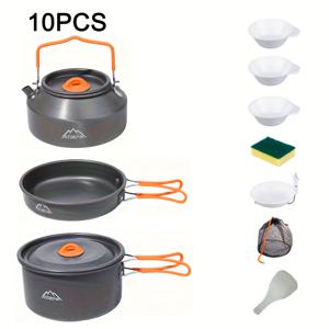TEMU 제트빔 10pcs 오렌지 두꺼운 아웃도어 캠핑 조리기구 세트 (중형 캠퍼 냄비 + 중형 프라이팬 + 1.1L 주전자), 휴대용 접이식 콤보, 그릇, 주걱, 국자, 설거지 스펀지 포함 | 백투스쿨 시즌 선물, 기념일, 할로윈, 크리스마스, 휴일 선물