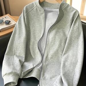 TEMU 여성용 루즈핏 가을/겨울 재킷 (회색), 스탠드업 칼라, 야구 스타일, 캐주얼 지퍼업 디자인으로 적합.