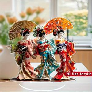 TEMU 2D 플랫, 2D 플랫 일본 게이샤 조각상 - 전통 기모노 패턴 레드, 골든, 그린, 블루 - 아크릴 데스크탑 장식, 홈 오피스를 위한 우아한 선물, 스타일 아트 조각, 문화 장식품, 일본 애호가를 위한 독점, 2D 플랫