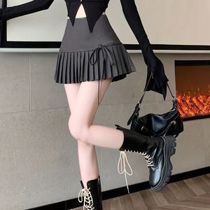 TEMU 가을 레이스업 하이웨이스트 슬림 A라인 플리츠 숏 스커트