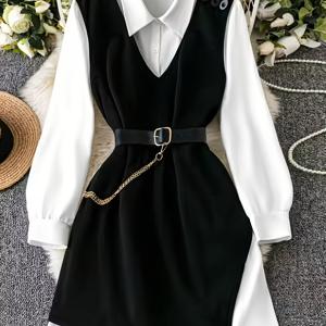 TEMU 플러스 사이즈 - 플러스 사이즈 캐주얼 화이트 셔츠 원피스, 조끼, 허리 주름 메탈 체인 장식이 있는 핏 좋은 투피스, 데이트 및 일상복으로 완벽합니다.|빅사이즈