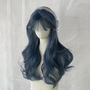 TEMU 파란색 옴브레 효과와 앞머리가 있는 긴 곱슬 가발 - 여성용 프리 스타일된 합성 헤어피스, 그라데이션 컬러로 판타지 코스프레에 완벽