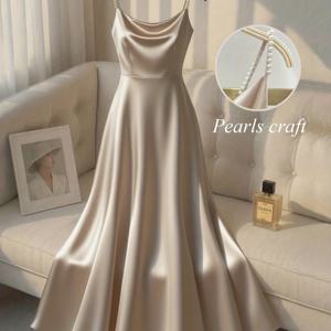 TEMU 서클 서클 여성용 우아한 패션 디자인 새틴 진주 장식 스파게티 스판더 드레스, A라인 실루엣, 출근, 파티, 이벤트에 적합, 봄 여름 가을 시즌 착용, 중요한 행사용
