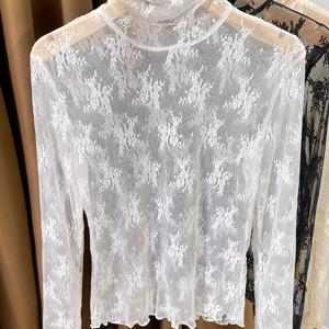 TEMU 여성 레이스 하이넥 긴팔 베이스 레이어 탑, 우아하고 섬세함.