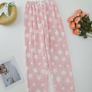 TEMU 여성용 겨울 플러시 퍼리 슬립 팬츠 - 롱 풀 레그 파자마 레깅스, 화이트 스타 & 보우 프린트, 두꺼운 따뜻한 라운지 팬츠, 집, 침대, 야외 착용 가능, 세탁기 사용 가능한 논스트레치 파자마 바텀