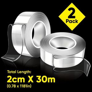TEMU 2롤 2cm x 30미터 초장형 나노 양면 테이프 - 초강력 헤비듀티, 재사용 가능, 세척 가능, 투명 접착제, 홈, 주방, 차량, 벽, 유리, 타일, 목재, 홈 정리용