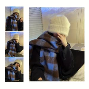 TEMU 새로운 겨울 체크무늬 프린지 스카프, 다용도 따뜻한 커플용 두꺼운 넥커치프